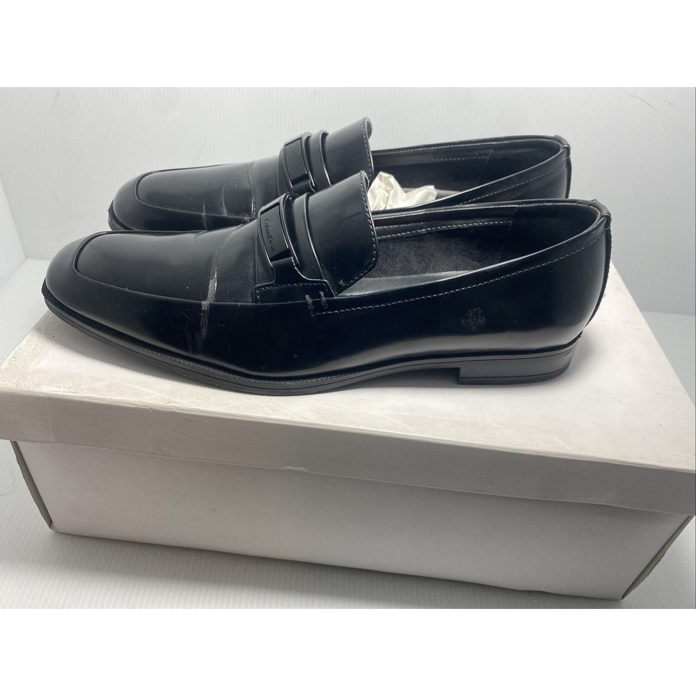 Calvin Klein Men's Black Leather Slip-On Dress Loafers Square Toe Logo #H